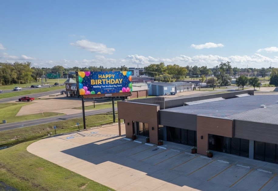 Happy Birthday message displayed on Presteaux Promotions billboard in Alexandria, LA